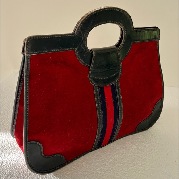 Vintage Gucci 1970s hand bag with cut out top handle red Nubuck navy leather web - Picture 6 of 17